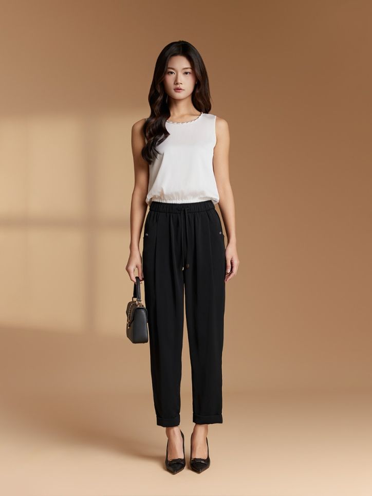 Quần ống suông lụa nhân tạo cạp chun