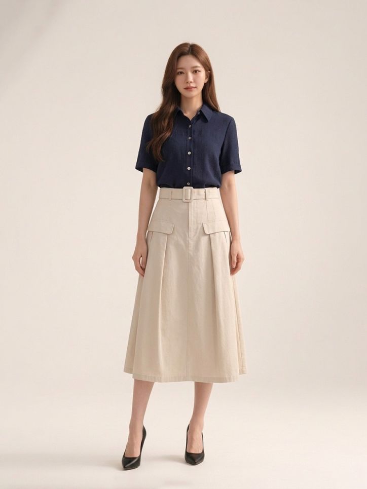 Chân váy khaki xếp nếp trang trí dây lưng rời