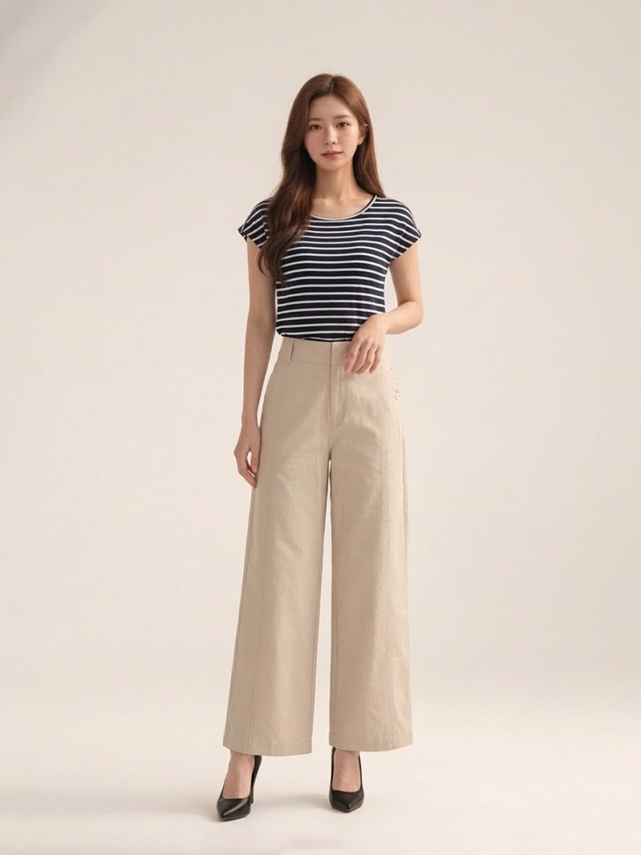 Quần ống suông khaki đính cúc, may diễu trang trí