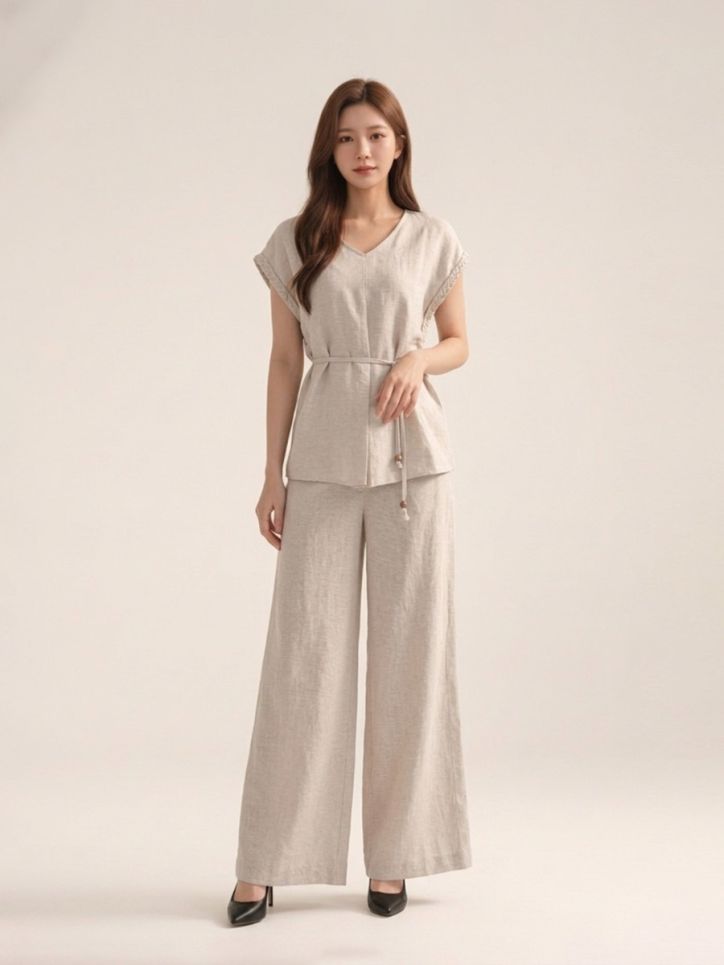 Quần ống suông vải đũi may diễu trang trí