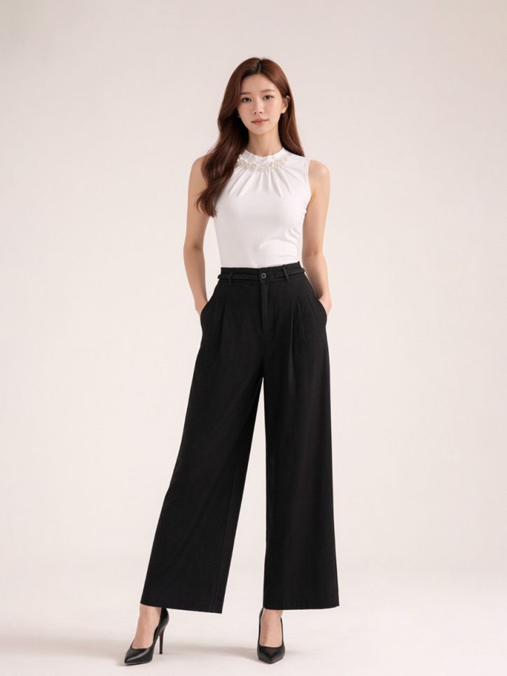 Quần ống suông vải đũi ốp dây trang trí