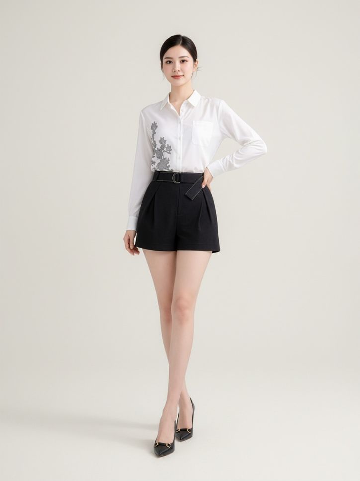 Quần short tuytxi đai liền trang trí